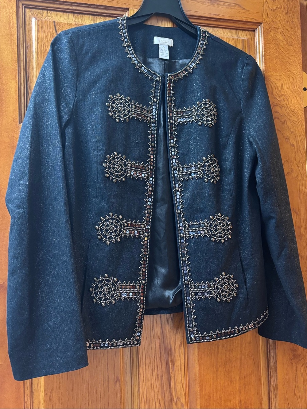 Chico’s women’s beaded embellished denim jacket military style blazer Sz 0 S